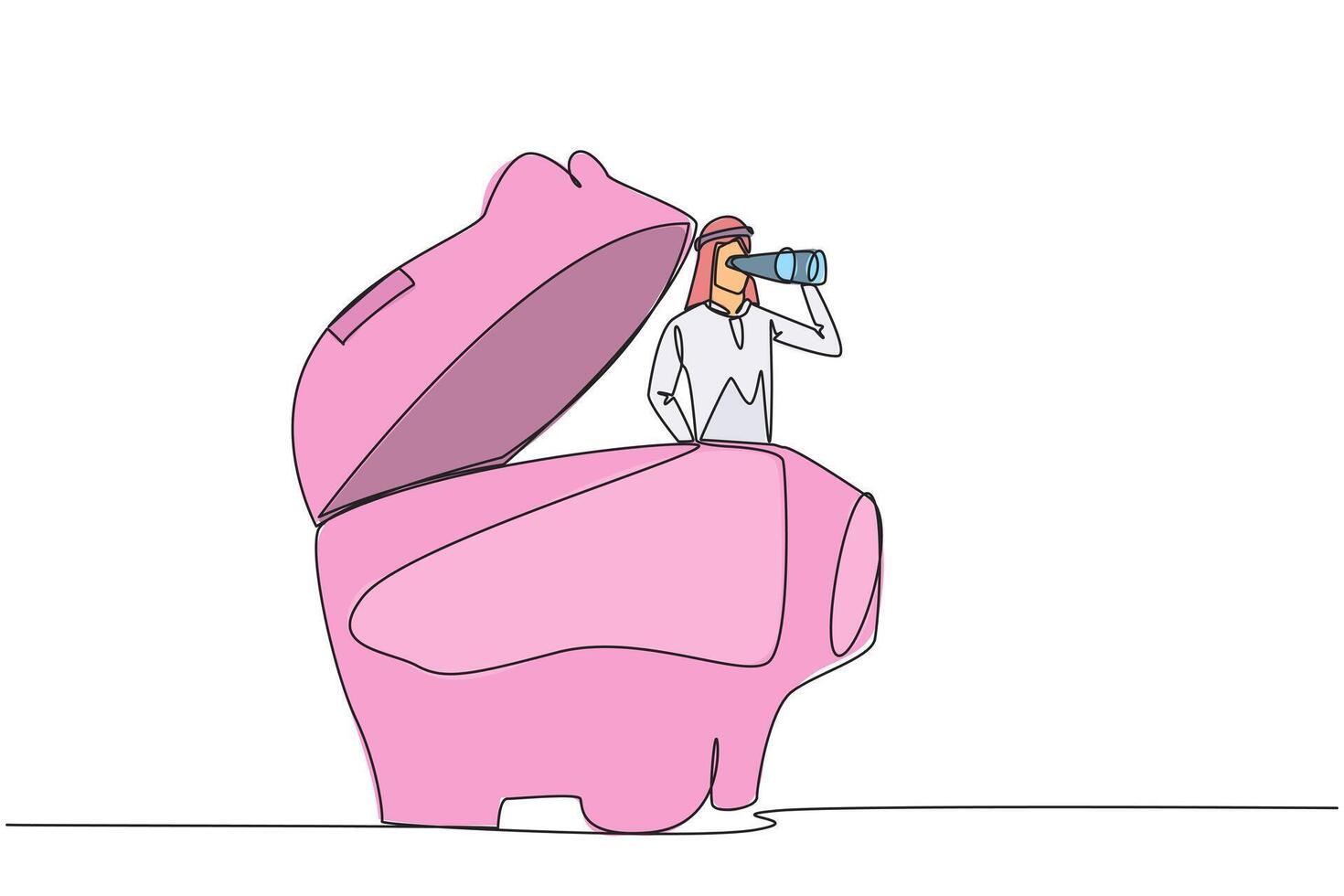 Single one line drawing Arabian businessman pops out of piggy bank looking for something through binoculars. Implement savings for maximum business profits. Continuous line design graphic illustration vector