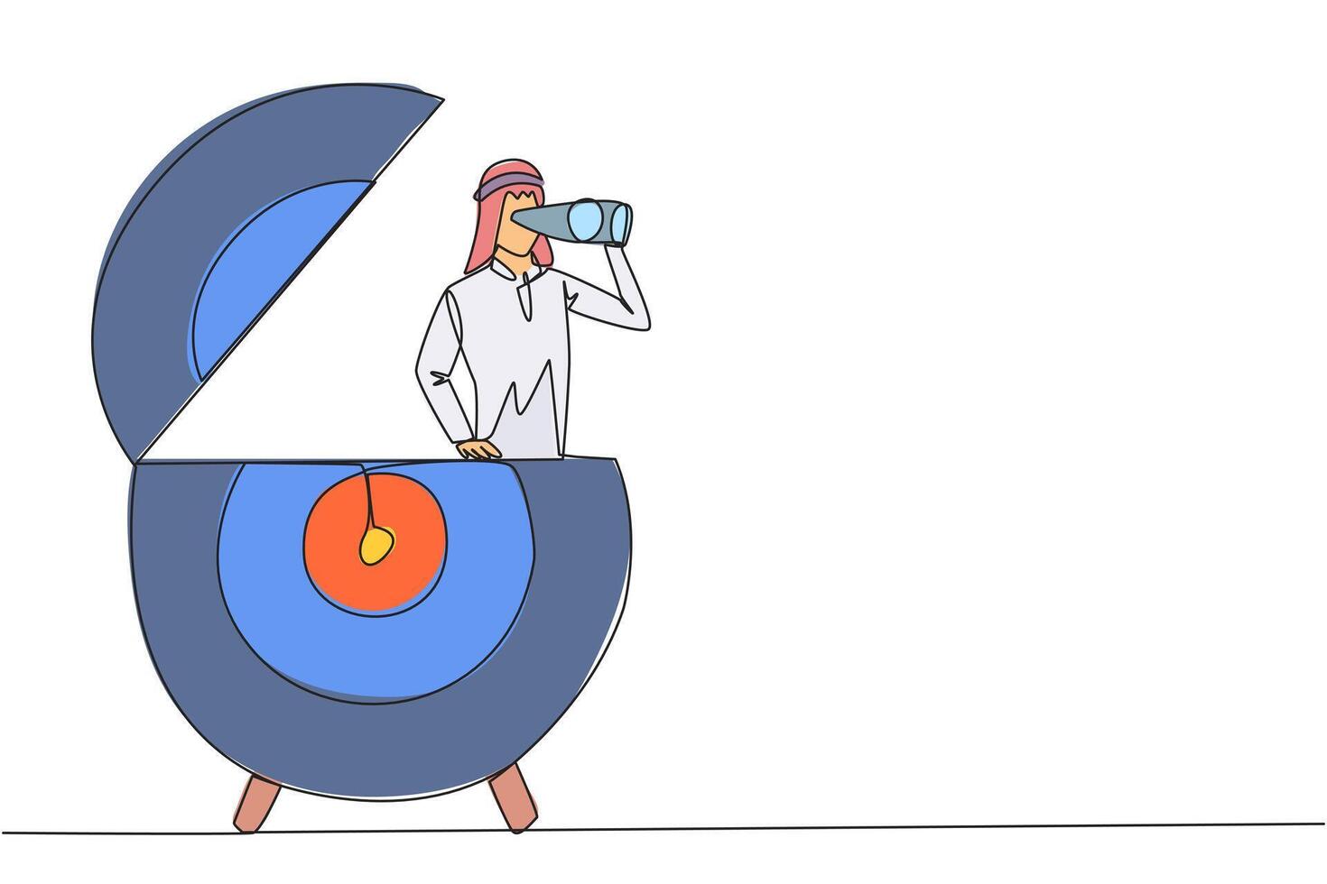 Single continuous line drawing Arab businessman appears out of arrow board target look for something through binoculars. Search for the lost one, focus on business. One line design illustration vector