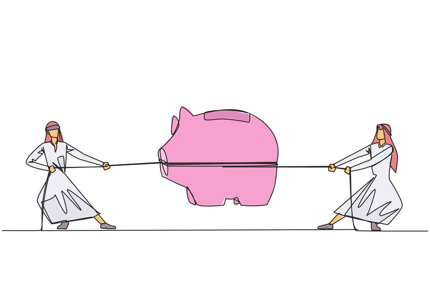 Single one line drawing two Arabian businessmen fighting over a piggy bank. Fighting each other for investment. Rely on muscle to become a winner. Struggle. Continuous line design graphic illustration vector