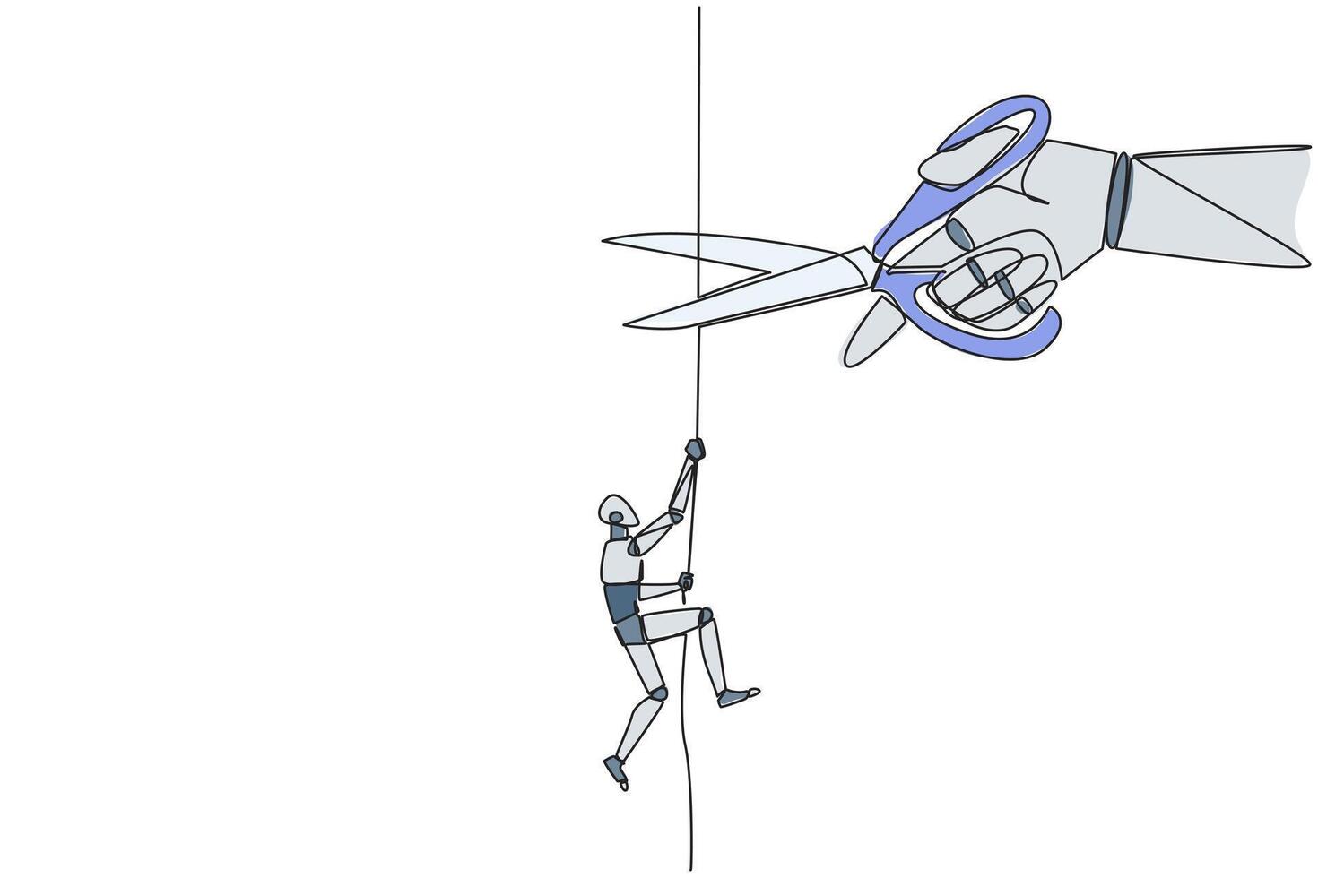Continuous one line drawing the robot climbing rope. Metaphor of struggling to advance business. Business failed to develop. Sabotaged by business friends. Single line draw design illustration vector