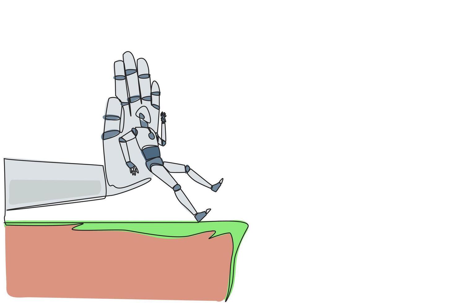 Single one line drawing smart robot standing on the edge of a cliff. Something big wants to bring down the business. Invisible enemy. Bring down competitor. Continuous line design graphic illustration vector