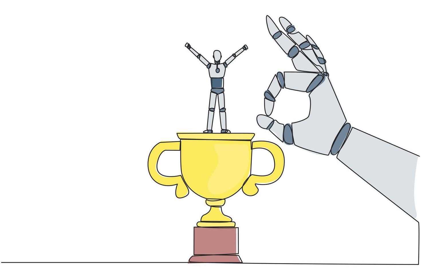 Single continuous line drawing the smart robot standing on big trophy. Celebrating the success of business. Got fraudulent business opponents. Falling helpless. One line design illustration vector