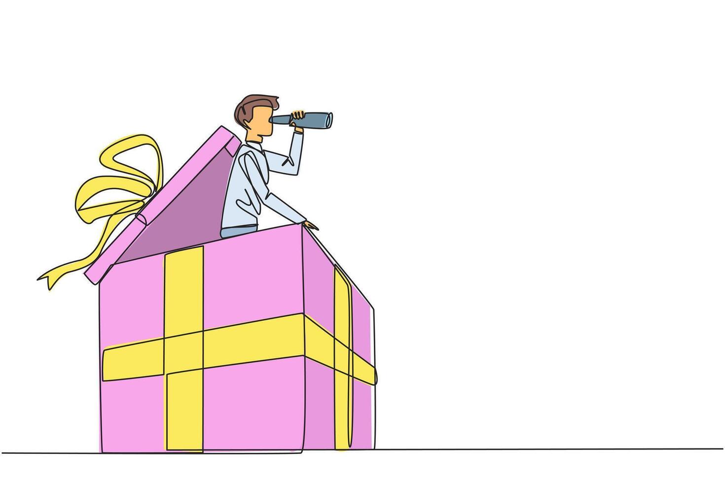 Single continuous line drawing businessman emerged from the gift box look for something through binoculars. Profitable business. Mutual benefit. End of year reward. One line design illustration vector