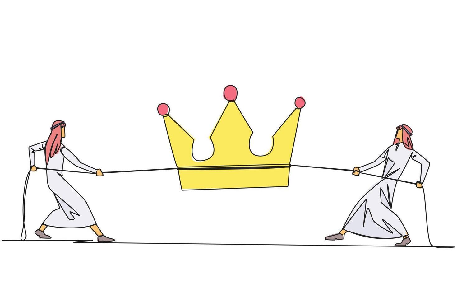 Continuous one line drawing two Arabian businessmen fight for the crown. Compete for the throne to facilitate the smooth running of business. Authority. Single line draw design illustration vector