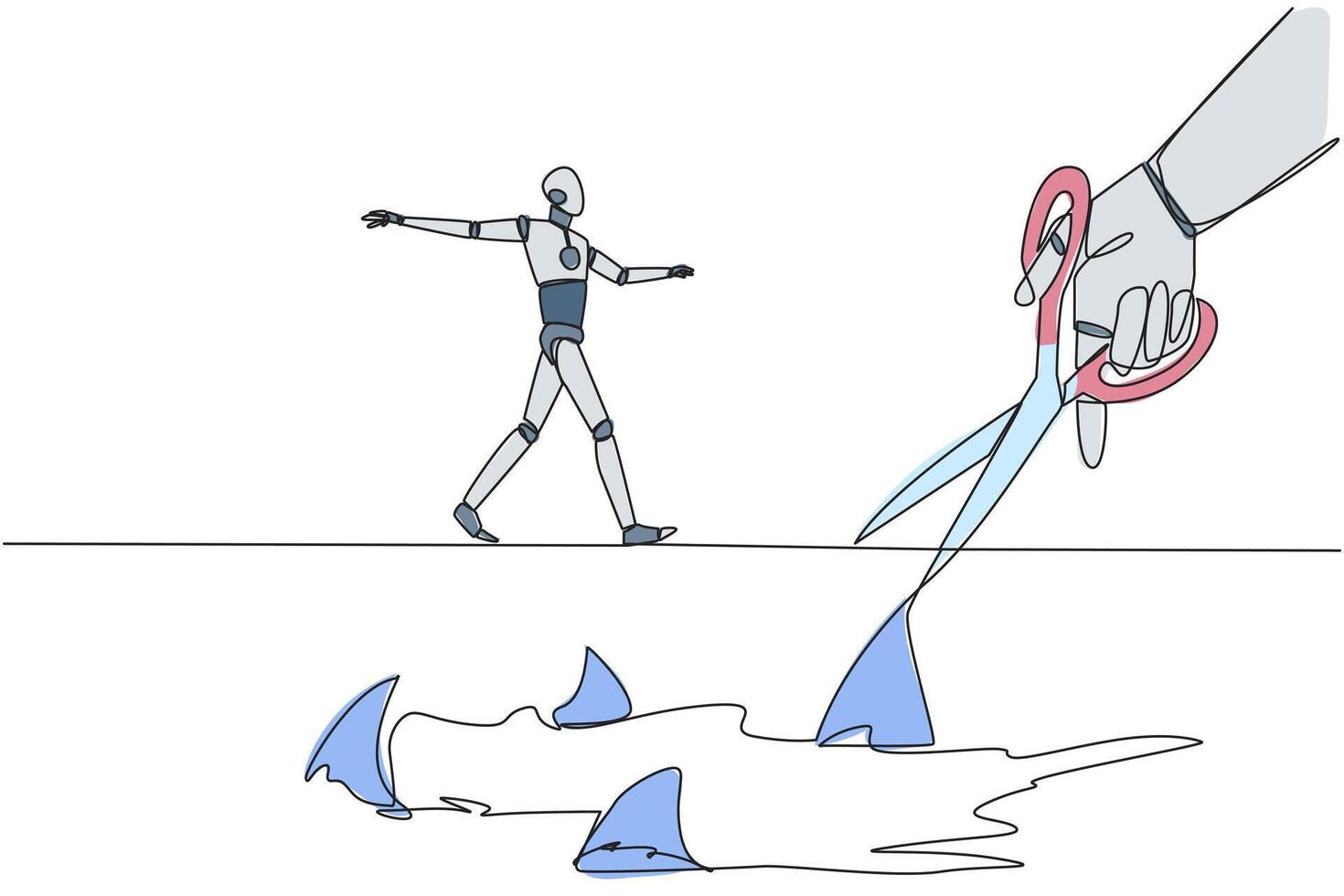 Single one line drawing the smart robot walking across on tightrope. A metaphor pursuing a career. Ruined by traitors. Fake friend. Business sabotaged. Continuous line design graphic illustration vector