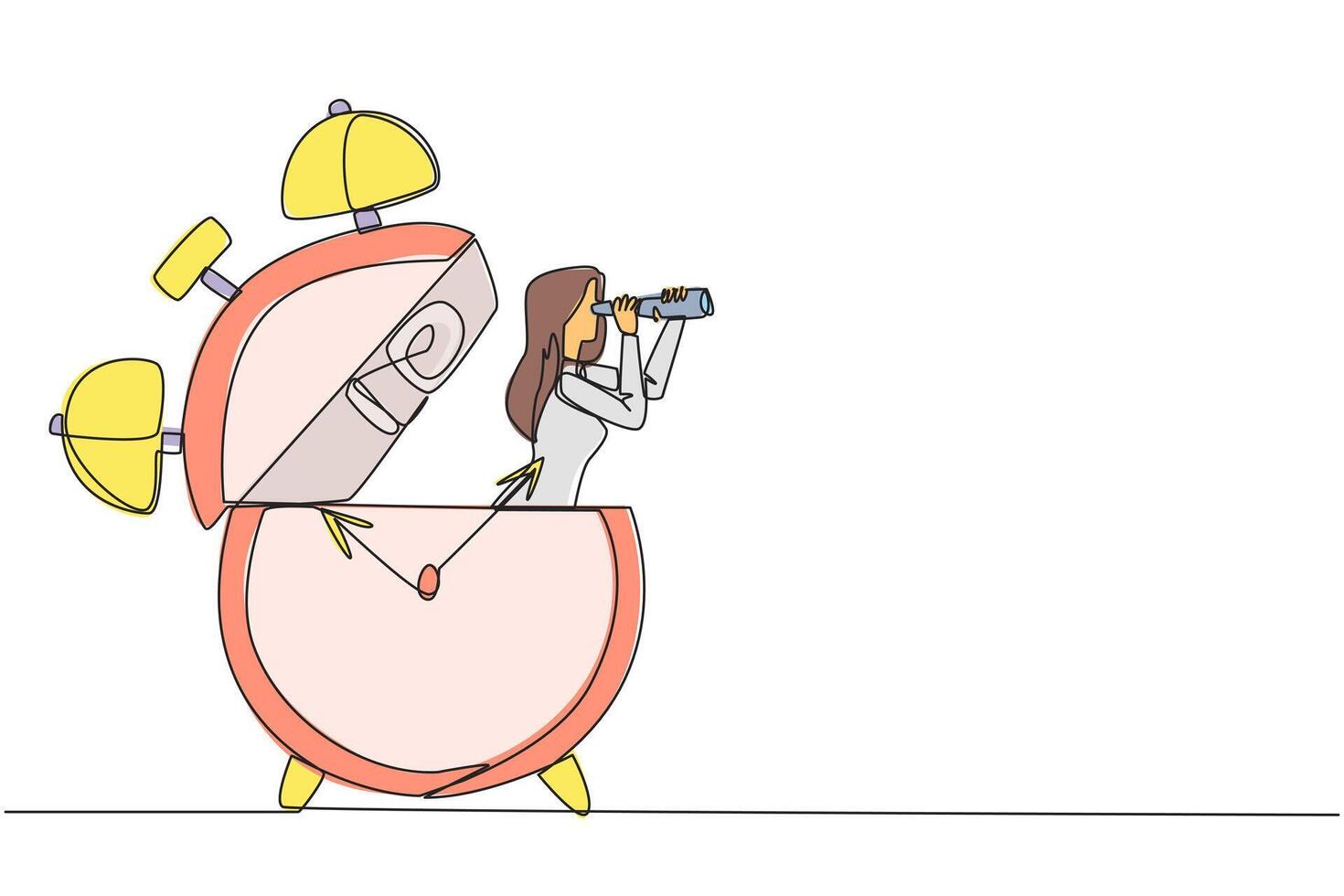 Single continuous line drawing businesswoman out of alarm clock looking for something through binoculars. Provide tight deadlines for presentations. Responsibility. One line design illustration vector