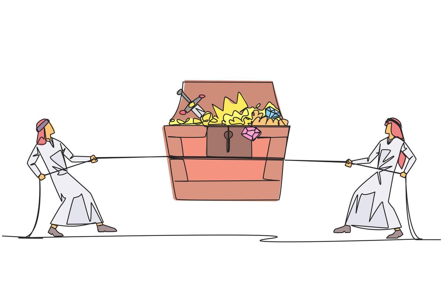 Single one line drawing two Arabian businessmen fight over an open treasure chest. Battle over finding treasure. Everything is done to have it. Greedy. Continuous line design graphic illustration vector