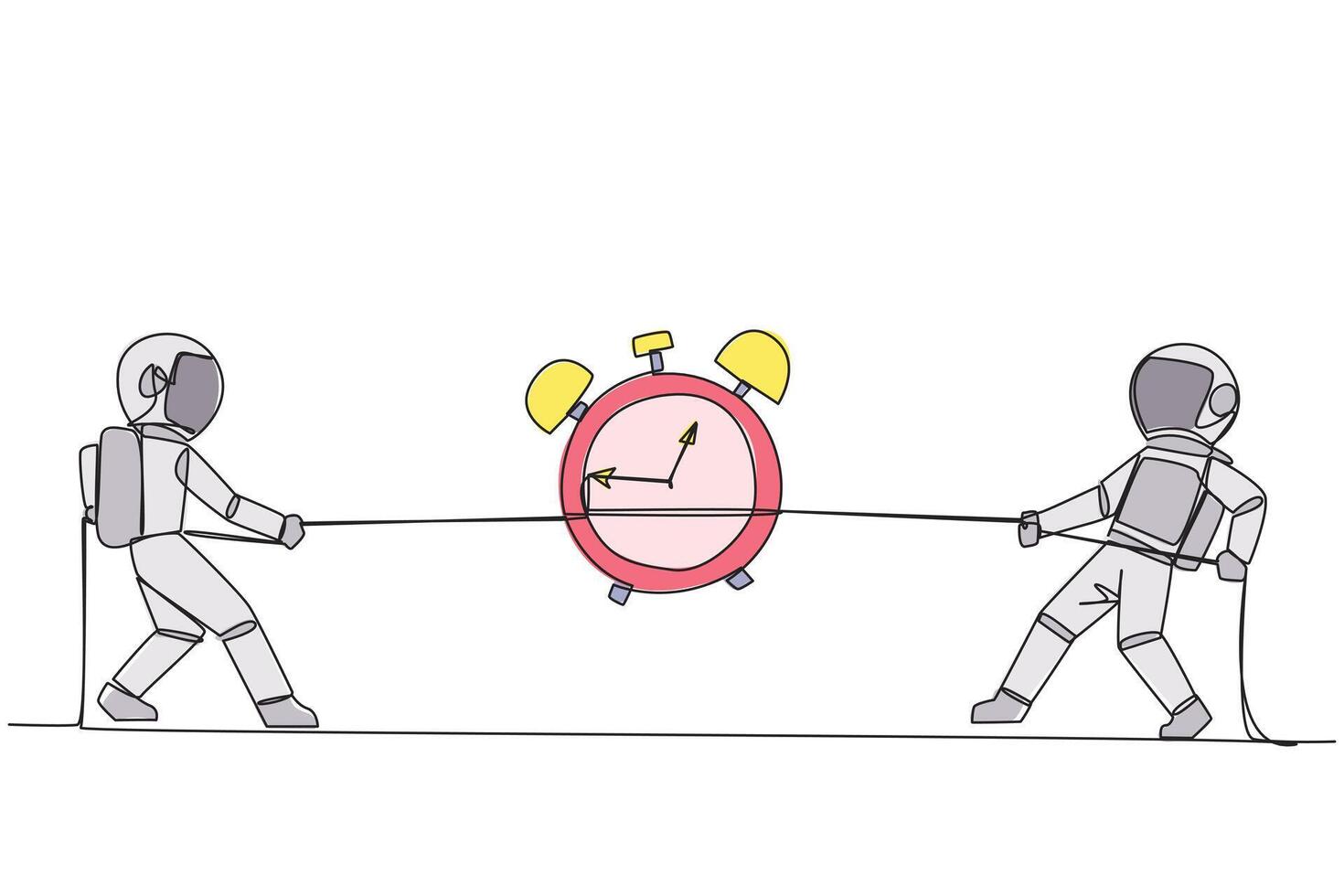 Continuous one line drawing two astronauts fighting over an alarm clock. A fierce battle over the certainty of passing the space expedition exam. Galaxy. Single line draw design illustration vector