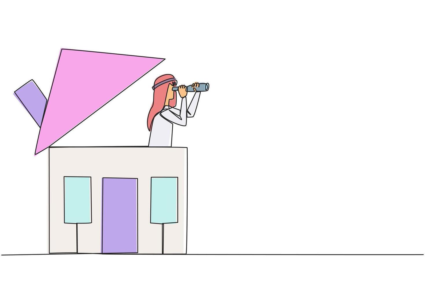 Continuous one line drawing Arabian businessman emerges from the miniature house looking for something through binoculars. A place to return home. Comfort. Single line draw design illustration vector