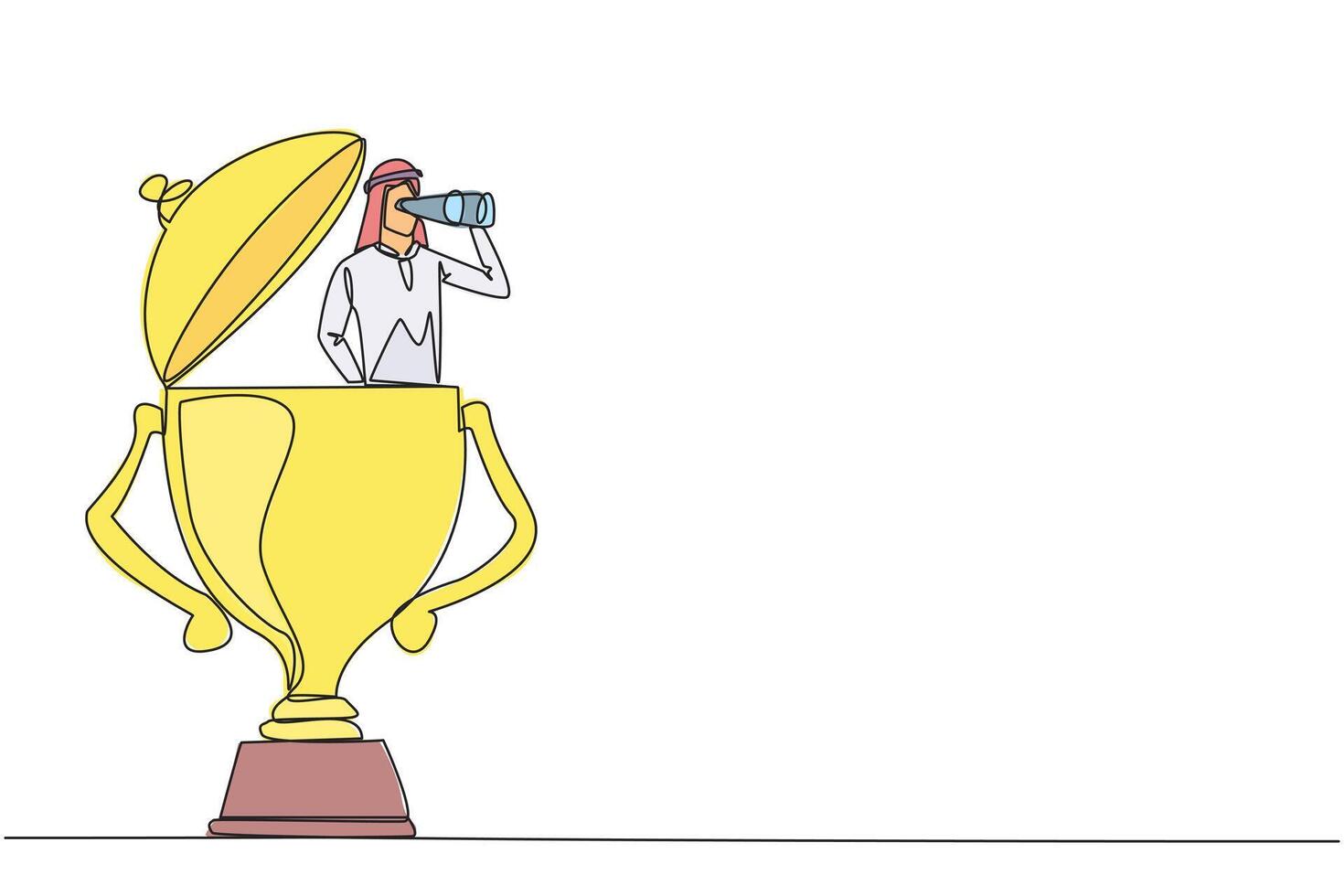 Continuous one line drawing Arabian businessman appears out of trophy looking for something through binoculars. Winner. Undoubted business success. Single line draw design illustration vector