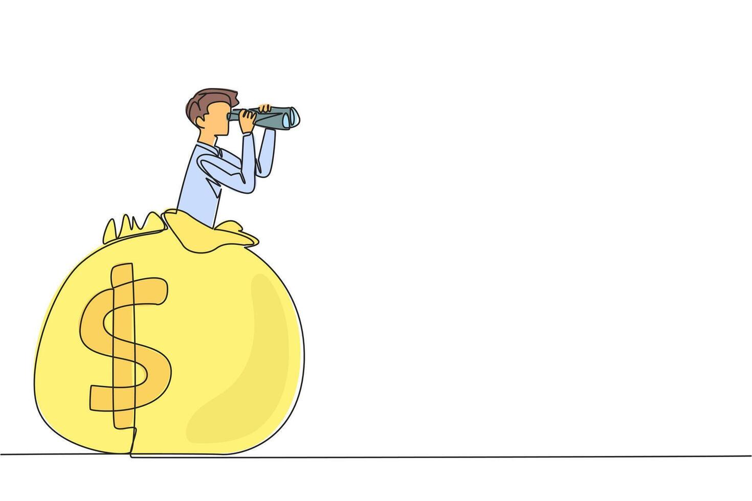 Single one line drawing businessman emerges from the money bag looking for something through binoculars. Share for the true happiness. A valuable legacy. Continuous line design graphic illustration vector