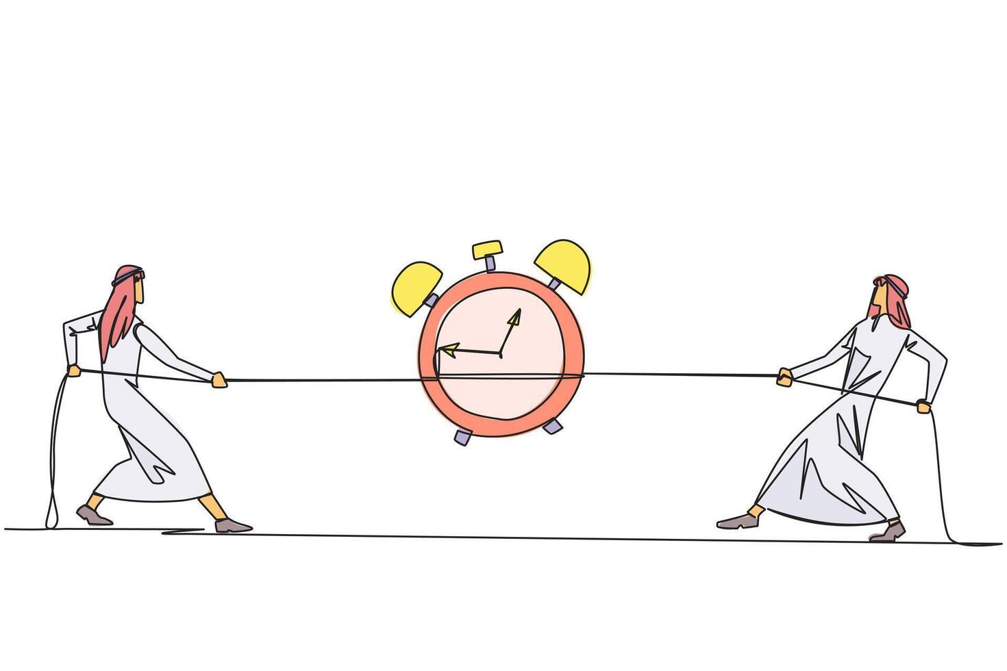 Single one line drawing two Arabian businessmen fighting over an alarm clock. Compete to be able to complete the report as quickly as possible. Obstacles. Continuous line design graphic illustration vector