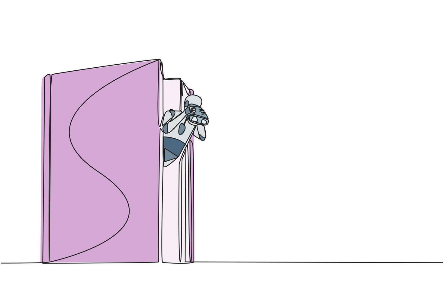 Single one line drawing a smart robot emerges from an old book looking for something through binoculars. Scan quickly. Reliable future technology. Hi tech. Continuous line design graphic illustration vector