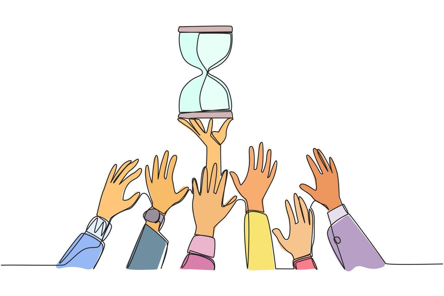Single continuous line drawing hands fighting over the hourglass. Fighting over an antique clock. Very ambitious to be able to have it. Collector of vintage items. One line design illustration vector