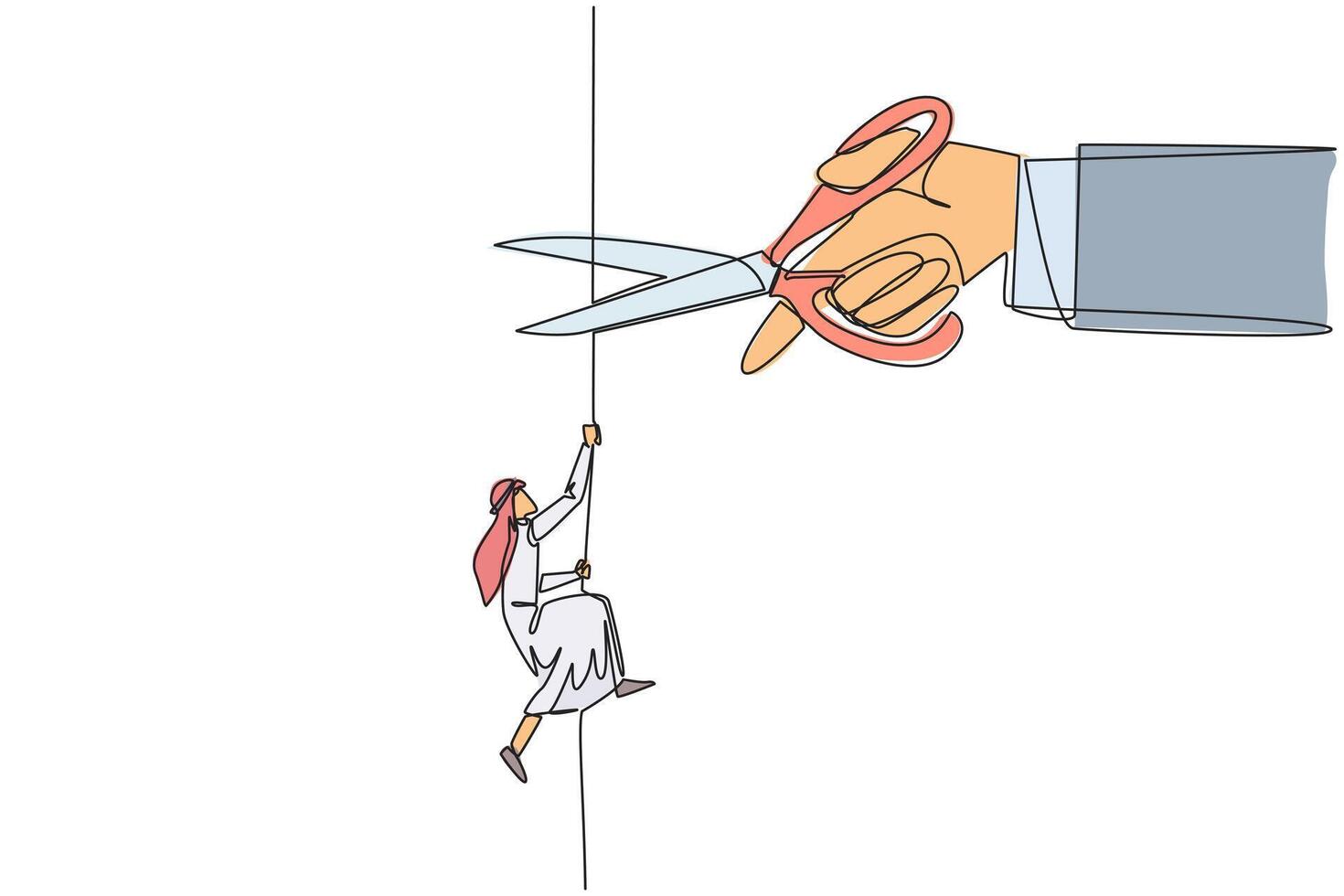 Continuous one line drawing Arab businessman climbs rope. Metaphor of struggling to advance business. Business failed to develop. Sabotaged by colleague. Single line draw design illustration vector