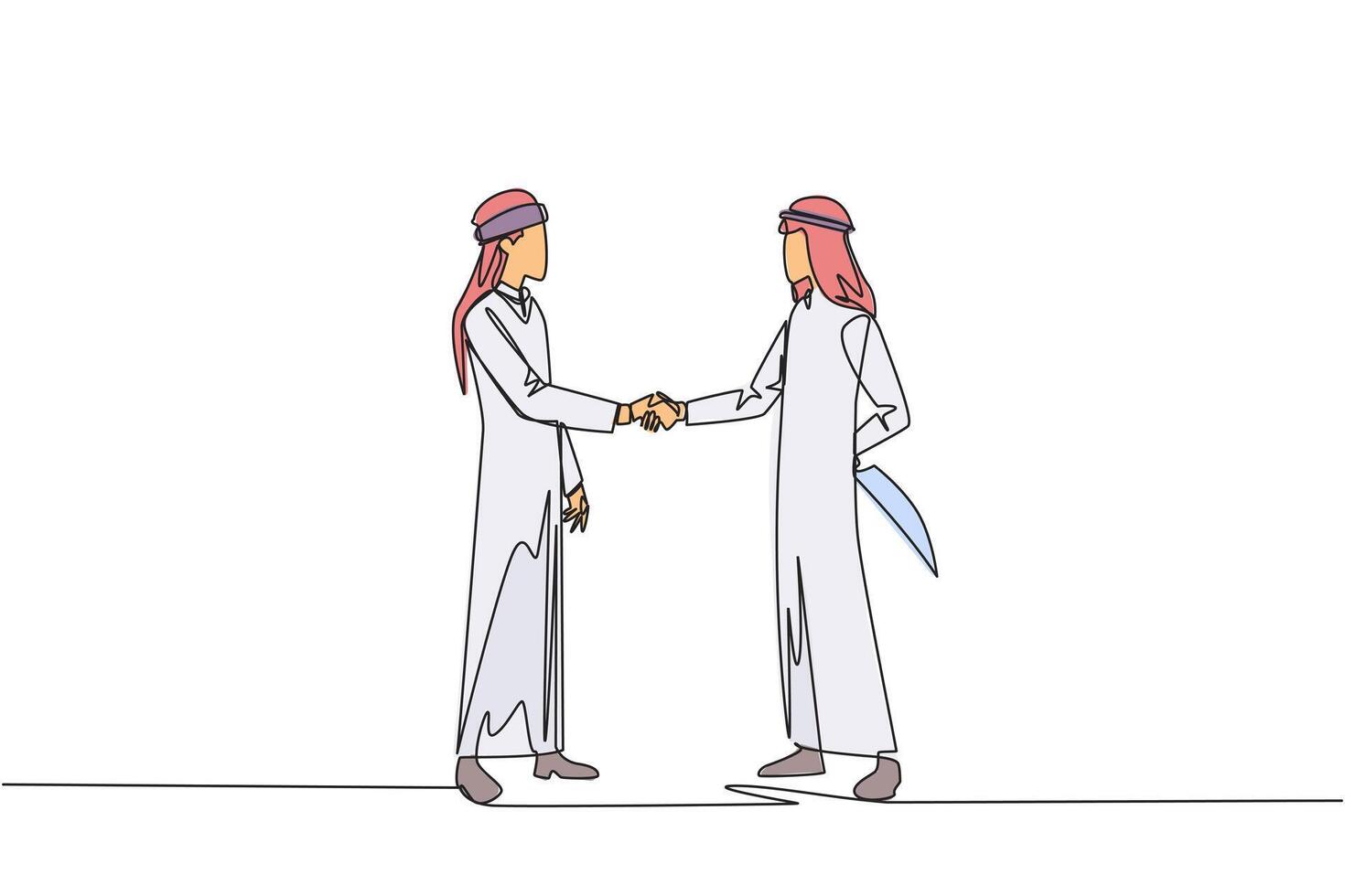 Continuous one line drawing two Arab businessmen shaking hands. One of them holds knife behind back. Getting ready to stab. Must win at all costs. Traitor. Single line draw design illustration vector