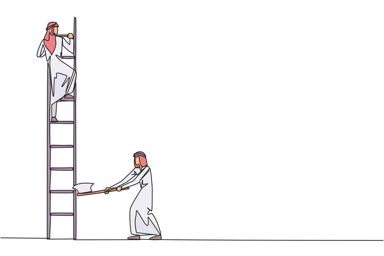Single continuous line drawing Arab businessman climbs ladder to achieve the expected reward. Destroyed silently. Business failed to develop. Destroyed by traitors. One line design illustration vector