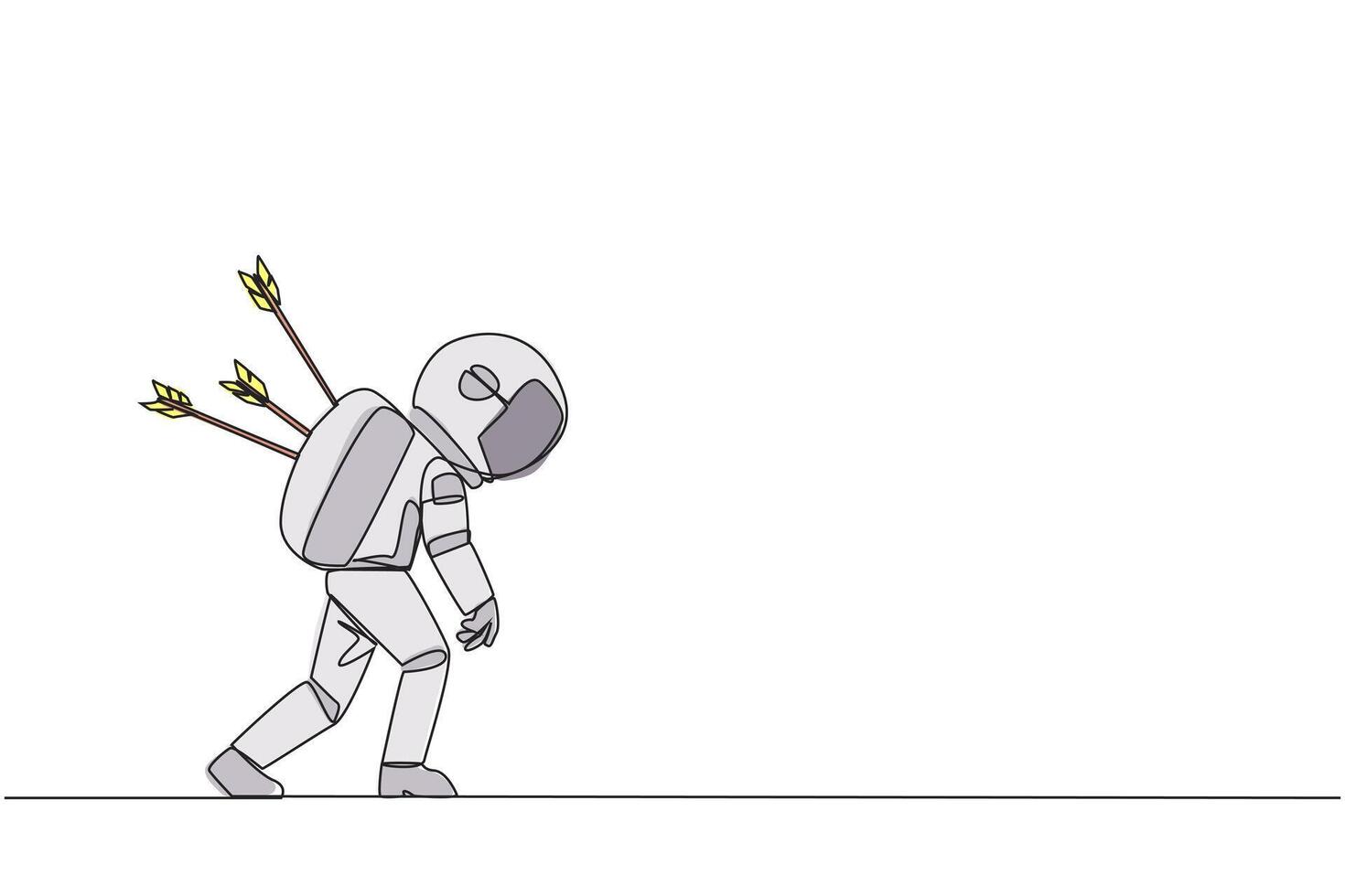 Single continuous line drawing the young astronaut standing on big trophy. Celebrating the success of business. Got fraudulent business opponents. Falling helpless. One line design illustration vector