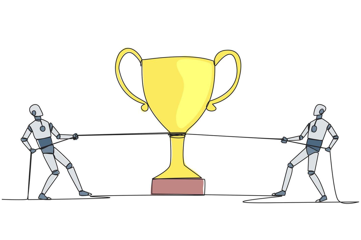 Continuous one line drawing two robots fighting for a trophy. Artificial intelligence makes competition increasingly fierce. Future technology development. Single line draw design illustration vector
