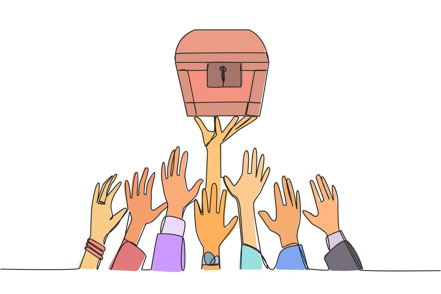 Continuous one line drawing hands fighting over the treasure chest. Big profits are in grasp. Struggle for profits by employees. Profits requires luck. Single line draw design illustration vector