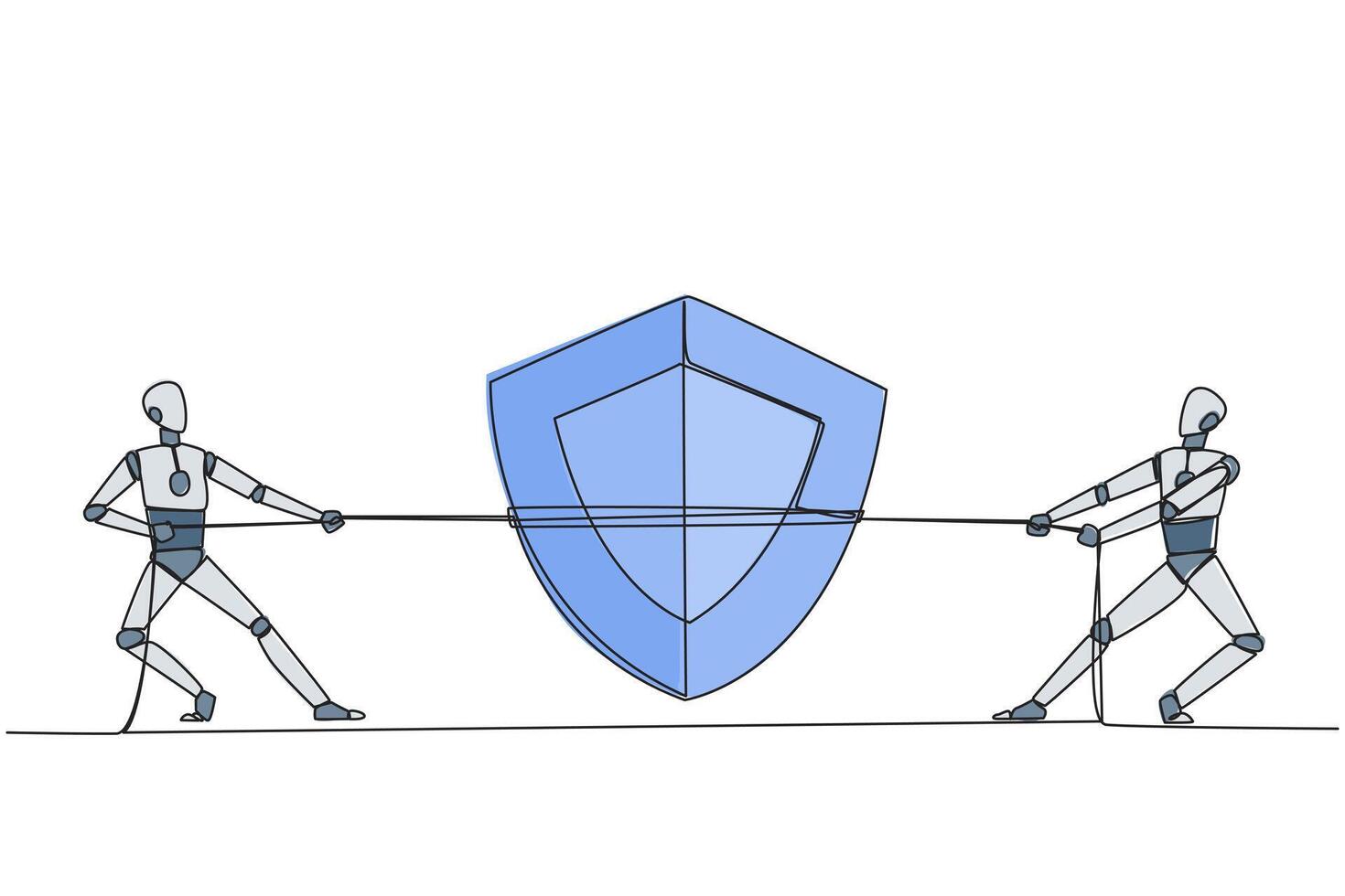 Continuous one line drawing two robots fighting over shield. Competition trains the level of awareness of intruders. Able to protect with intelligence. Single line draw design illustration vector