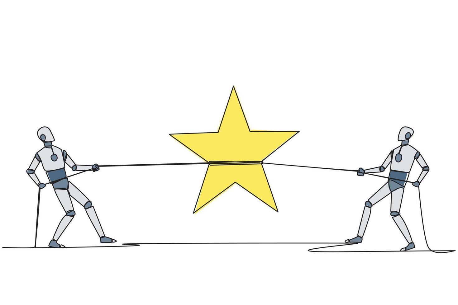 Single continuous line drawing two smart robots fighting for a star. The fierce battle of technology. Trying to achieve very satisfactory rating. Chasing the dream. One line design illustration vector
