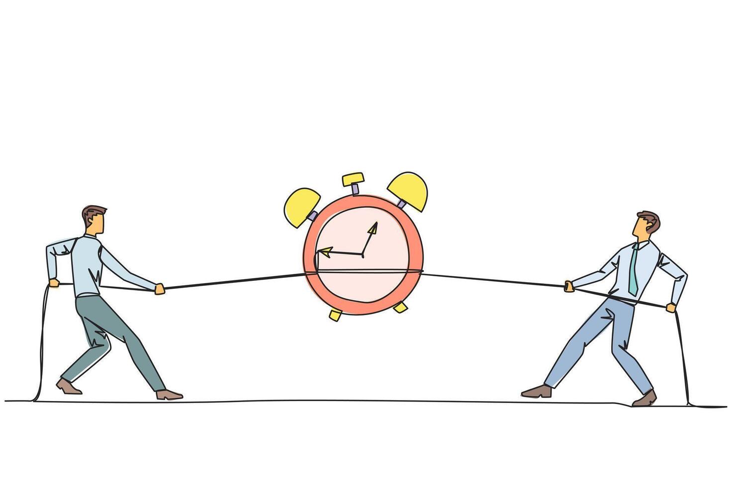 Continuous one line drawing two businessmen fighting over an alarm clock. Compete to get extra time to complete business deadlines. Daily business report. Single line draw design illustration vector