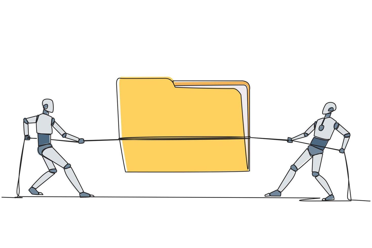 Continuous one line drawing two smart robots fighting over document folder. Fierce battles to scan files suspected of being compromised by viruses. Secure. Single line draw design illustration vector