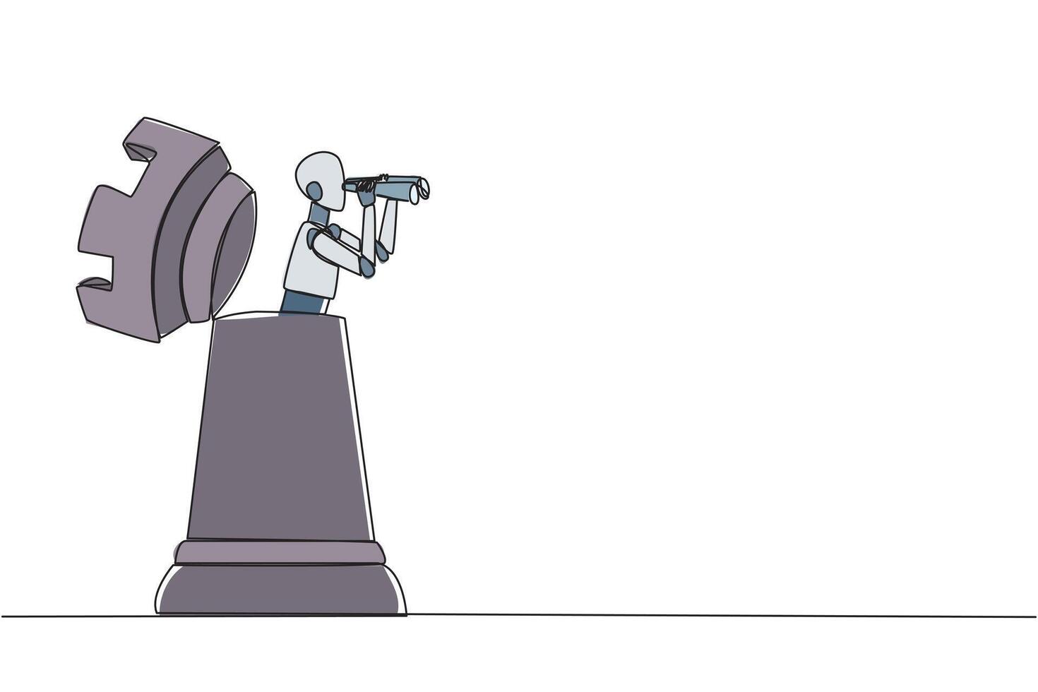 Continuous one line drawing a robot emerges from the rook chess pieces looking for something with binoculars. Scan. Analyzing strategy. Execute the mission. Single line draw design illustration vector