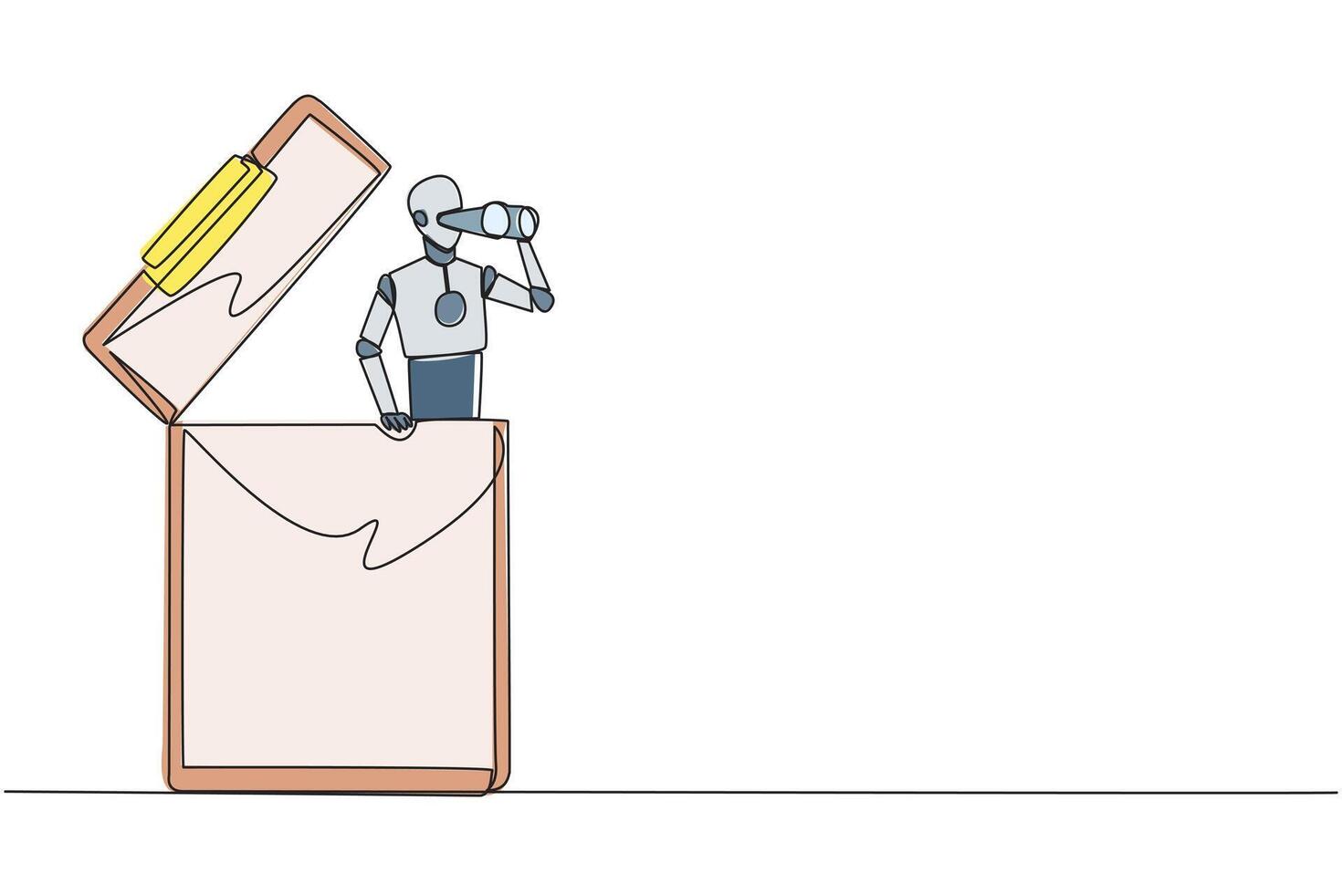 Single continuous line drawing a smart robot emerges from the clipboard looking for something through binoculars. Scan. Analyzing forms. Continuing business report. One line design illustration vector