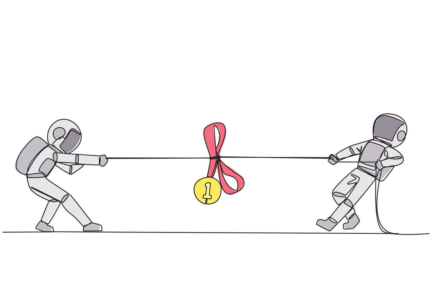 Single continuous line drawing two astronauts fighting for medal award. Fierce battles are number one in expedition activities into outer space. Galaxy deep space. One line design illustration vector
