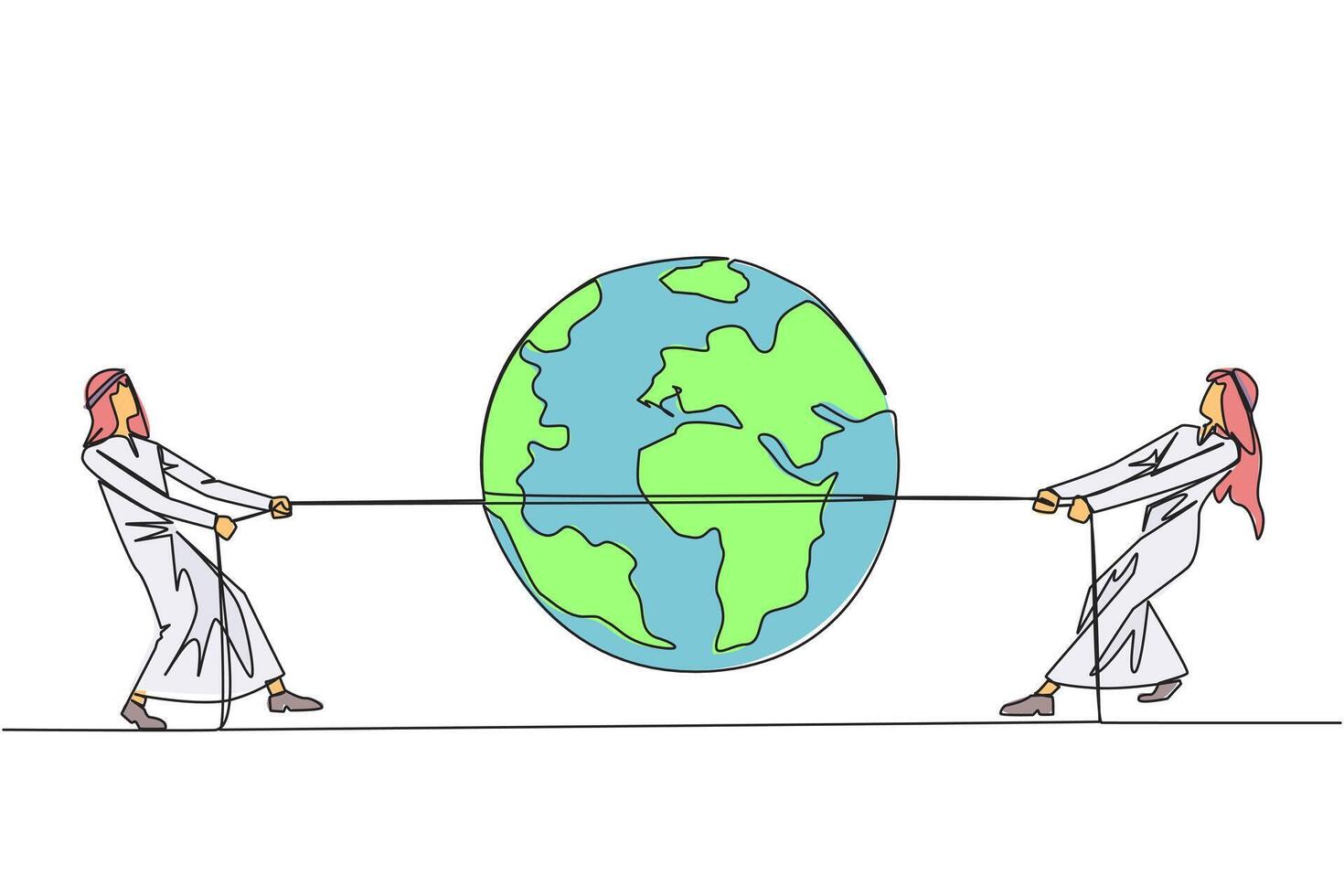 Single continuous line drawing two Arabian businessmen fighting over globe. Fighting over territory. Expanding the business land. Get maximum profit. Work smart. One line design illustration vector