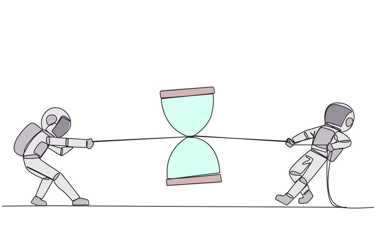 Continuous one line drawing two astronauts fighting over hourglass. Fierce battle completes the expedition's report before flying off into space. Deadline. Single line draw design illustration vector