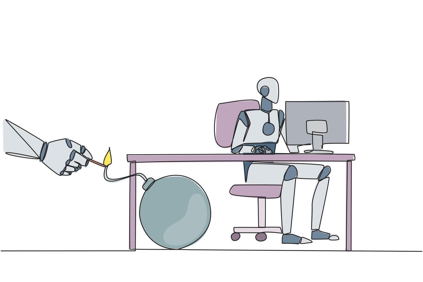 Single one line drawing smart robot typing at a computer desk. Trapped by business partner. A bomb that could explode at any time. Betrayed by a colleague. Continuous line design graphic illustration vector