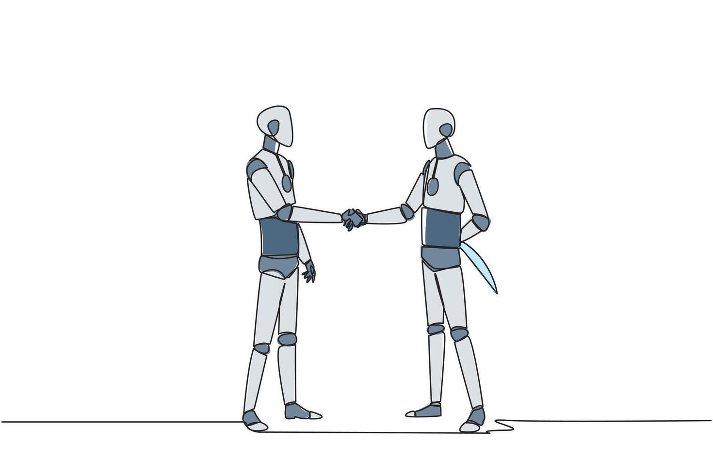 Single one line drawing two smart robots shaking hands. One of them holding a knife behind the back. Getting ready to stab. Must win at all costs. Traitor. Continuous line design graphic illustration vector
