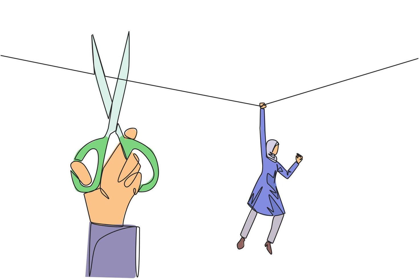 Single one line drawing Arab businesswoman hanging from rope. Big hand want to cut the rope. Maintaining a nearly useless business. Thwarted by traitors. Continuous line design graphic illustration vector