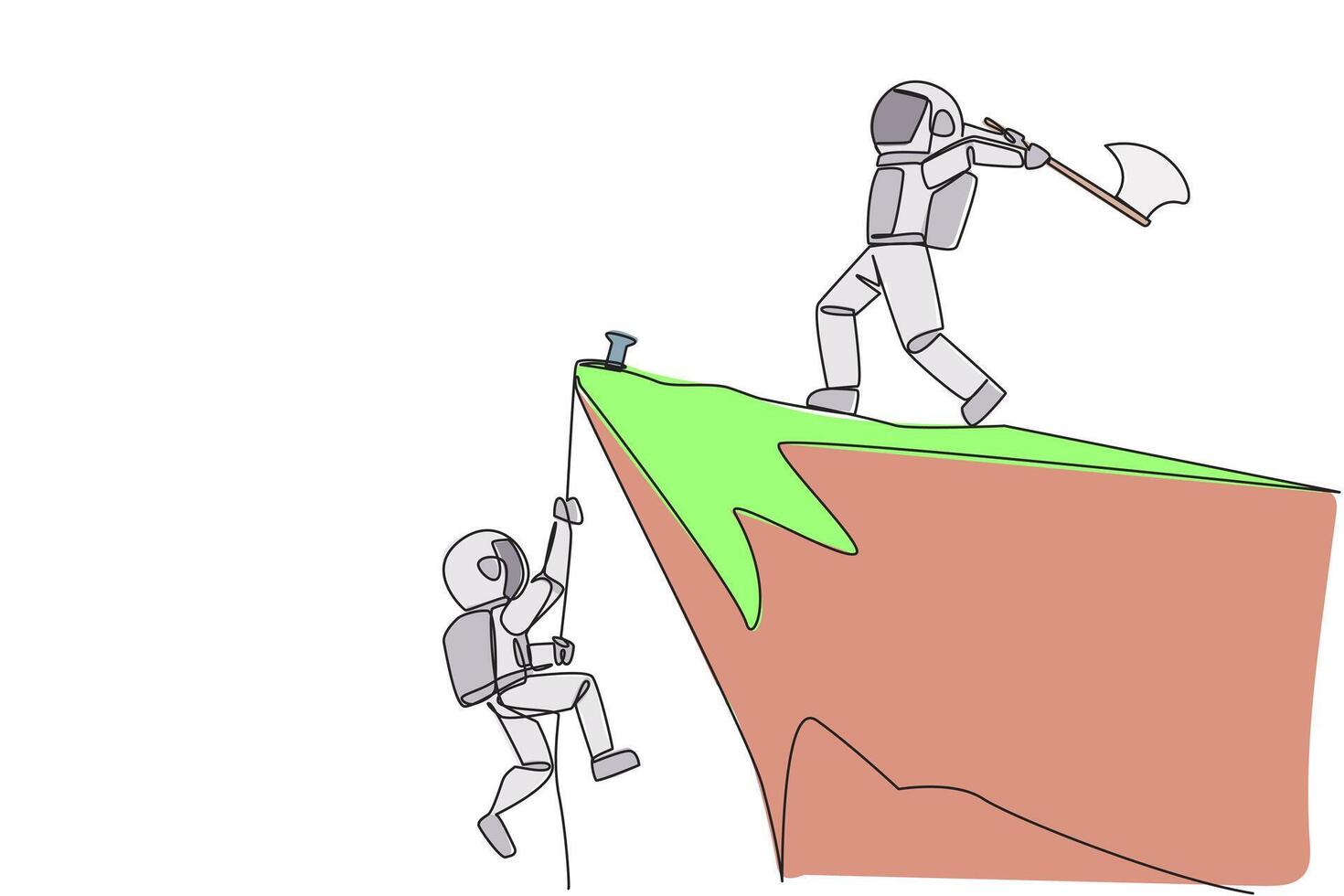 Single continuous line drawing the young astronaut climbs cliff with rope. Almost successful. Rudely dropped by a business friend. Fake partner. The worst teamwork. One line design illustration vector