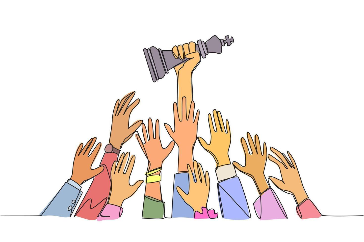 Single continuous line drawing hands fighting over the king's chess piece. The metaphor of approaching a king or ruler. Getting profits makes business easier. One line design illustration vector