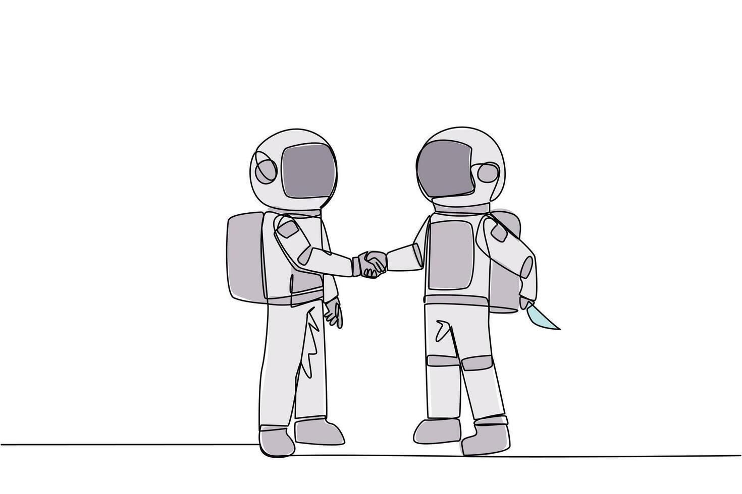 Single continuous line drawing two astronauts shaking hands. One of them holding a knife behind the back. Getting ready to stab. Must win at all costs. Traitor. One line design illustration vector