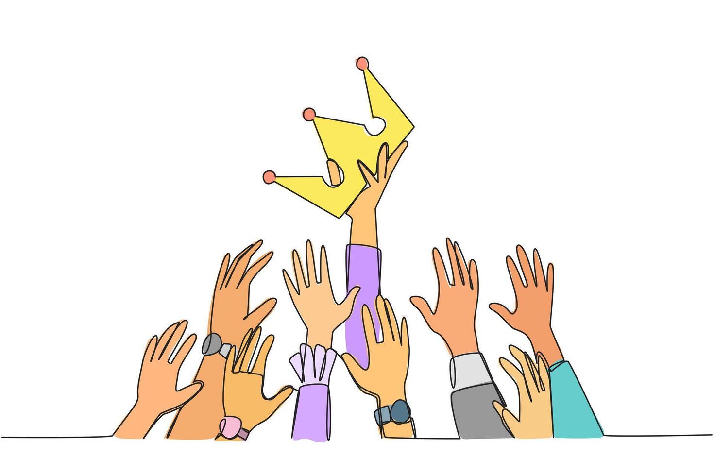 Single continuous line drawing hands fighting for the crown. Fighting for power with each other. Utilizing position inappropriately. Negative impact. Improperly. One line design illustration vector
