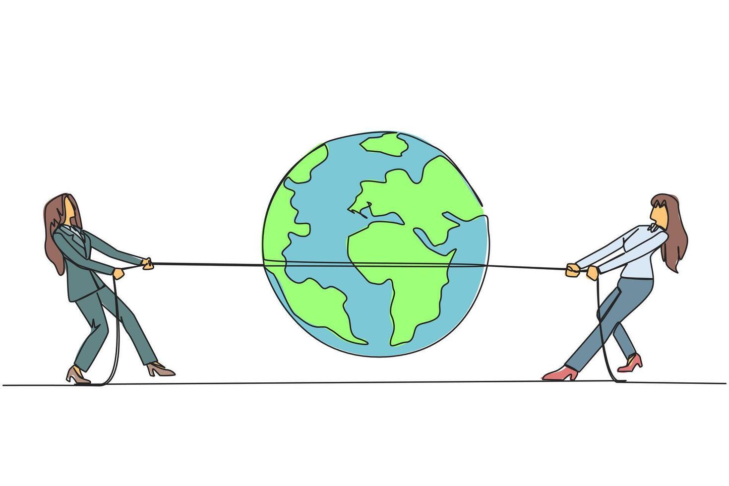 Continuous one line drawing two businesswomen fighting over globe. Fighting over strategic locations. The fighting to open new business branch. Profitable. Single line draw design illustration vector