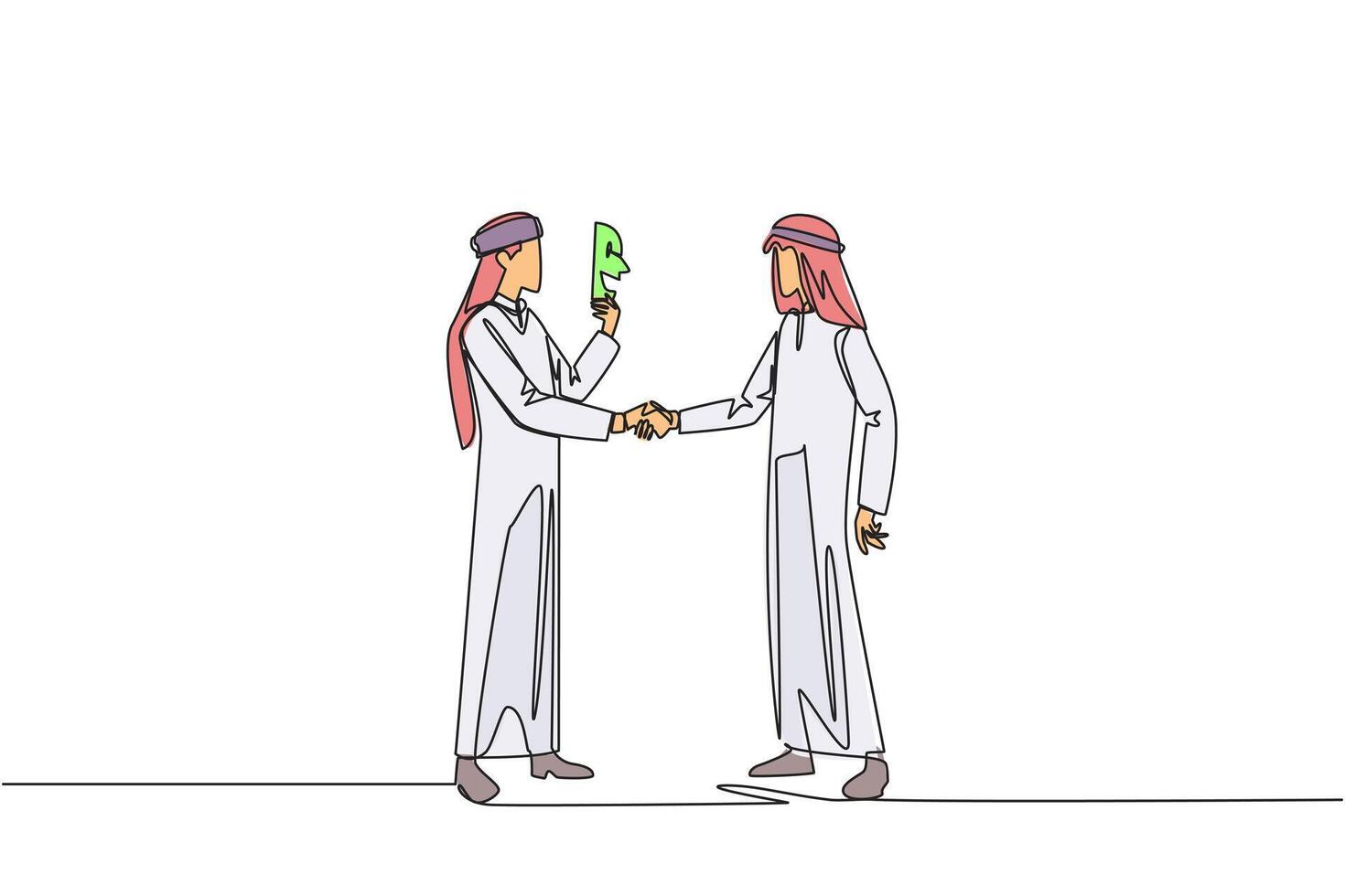 Single continuous line drawing two Arabian businessmen shaking hands. One of them has two faces. Full of falsehood. Fake friend. Worst teamwork. Betrayal. Traitor. One line design illustration vector