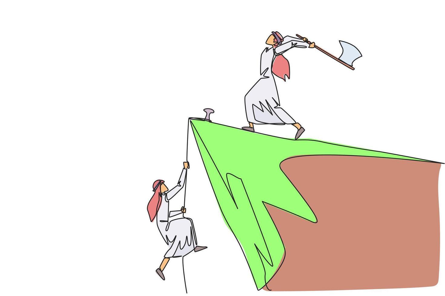 Single one line drawing Arabian businessman climbs cliff with rope. Almost successful. Rudely dropped by a business friend. Fake partner. Worst teamwork. Continuous line design graphic illustration vector