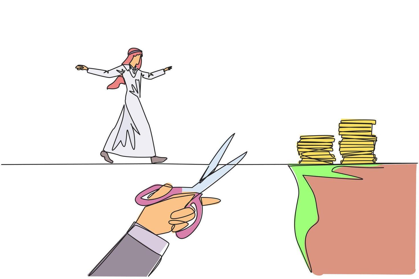 Continuous one line drawing Arabian businessman walking on tightrope from one cliff to another. Failed to move to much better place. Cheated by colleague. Single line draw design illustration vector