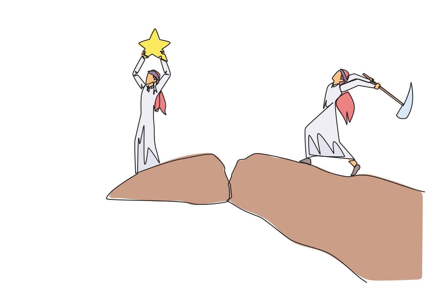 Continuous one line drawing Arab businessman standing on edge of cliff holding up a star. Hypocrite partner want to destroy the achievement. The traitor. Single line draw design illustration vector