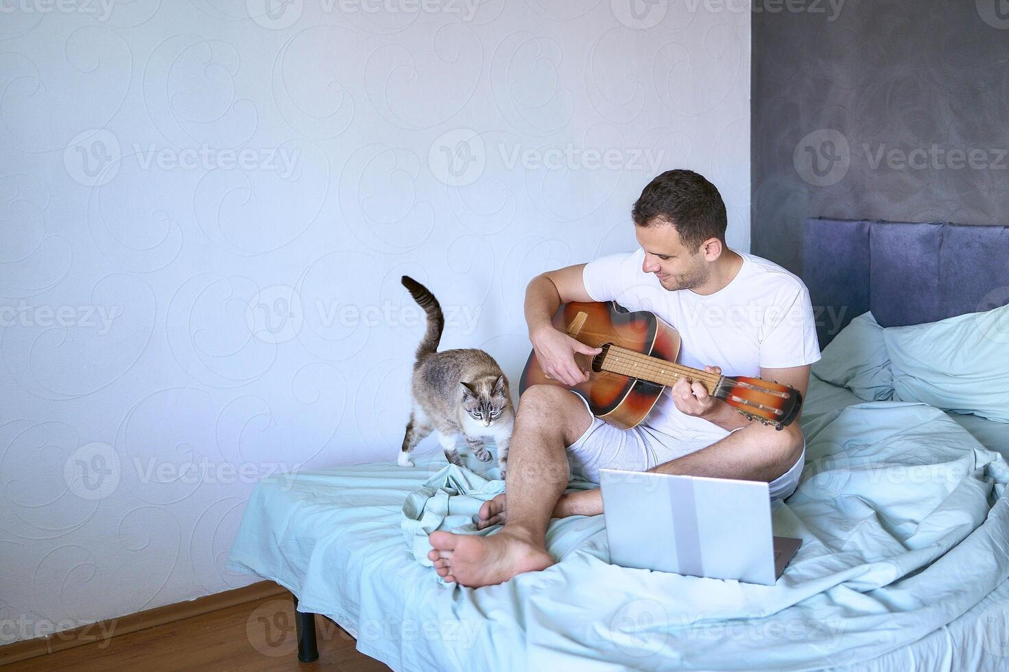 a young man is learning to play the guitar at home using online lessons on a laptop, the cat demands attention and interferes photo
