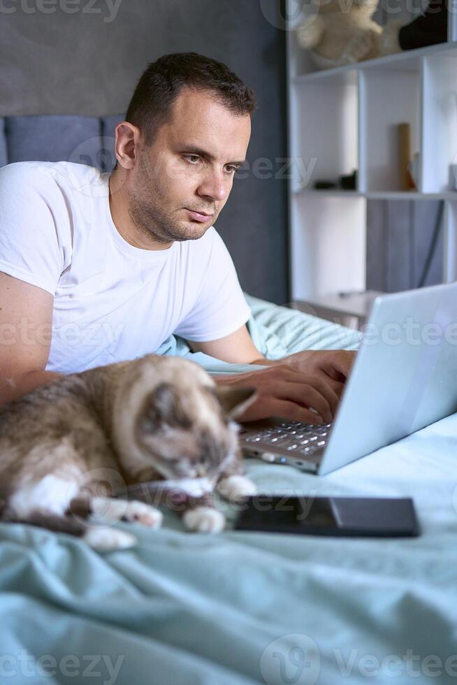 a young man is working on a laptop and a smartphone in bed, a cat is lying next to him photo