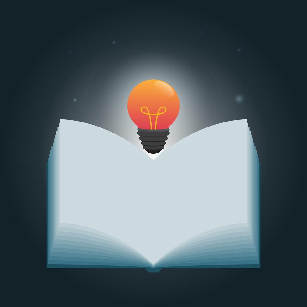 Source of knowledge and idea. Light bulb and open book illustration vector