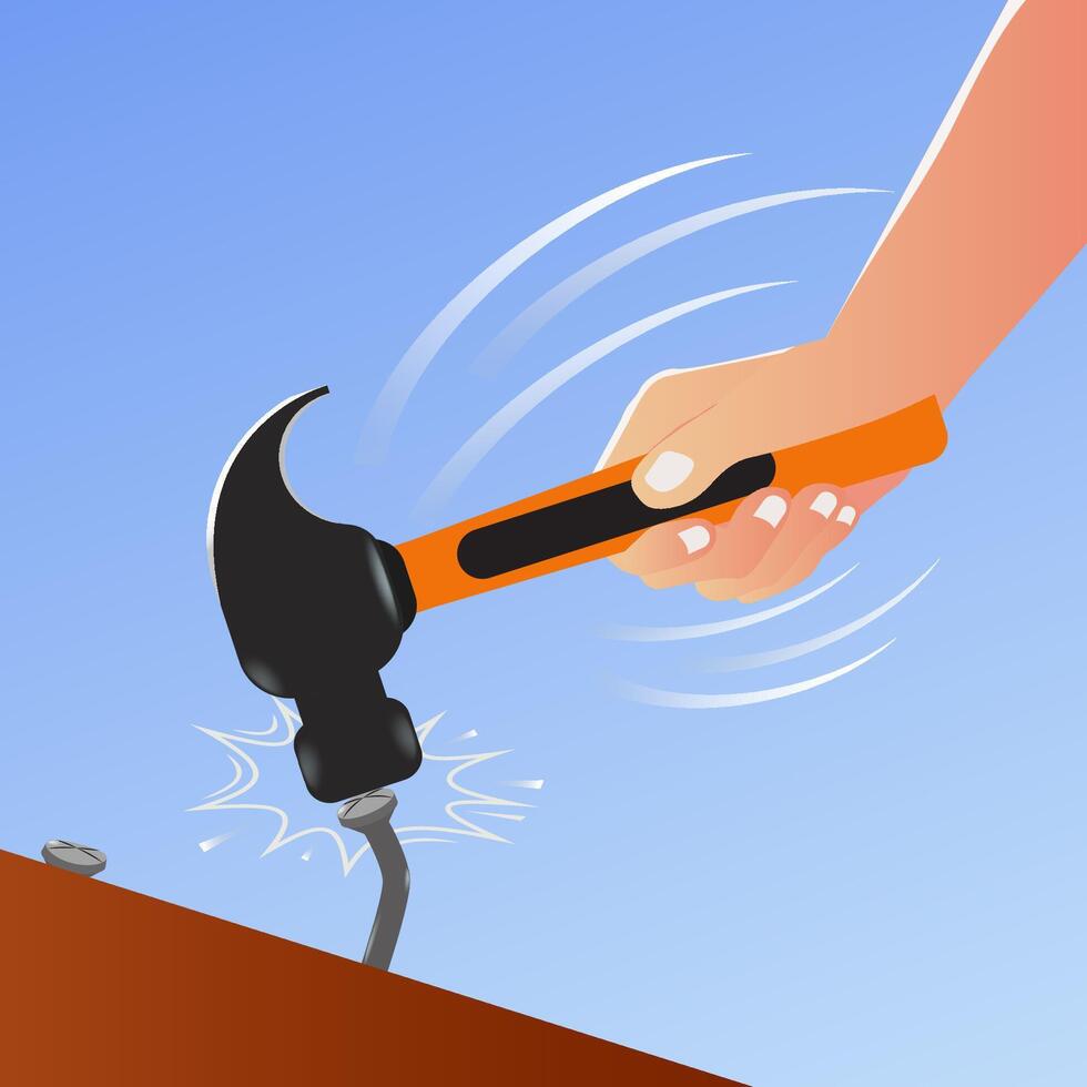 Hand with hammer hitting the bent nail. stock illustration vector