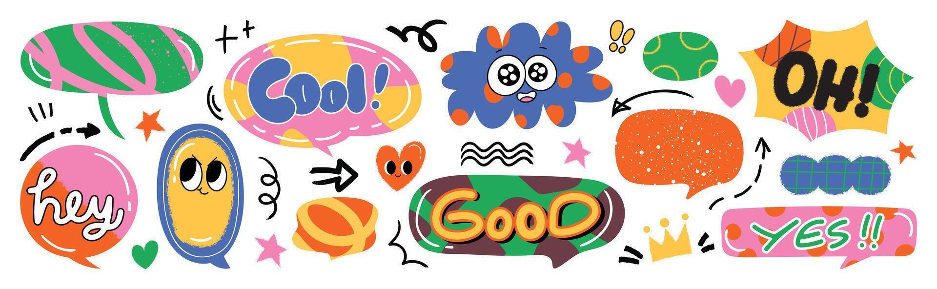 Set of doodle and speech bubble . Collection of contemporary figure, speech bubble with text, arrow in funky groovy style. Chat design element perfect for banner, print, sticker. vector
